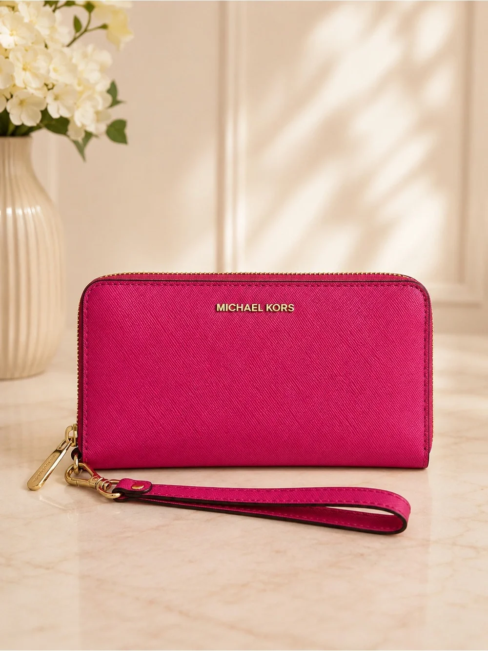 Michael Kors Jet Set Travel Hot Pink Saffiano Leather Zip Around Wristlet Wallet